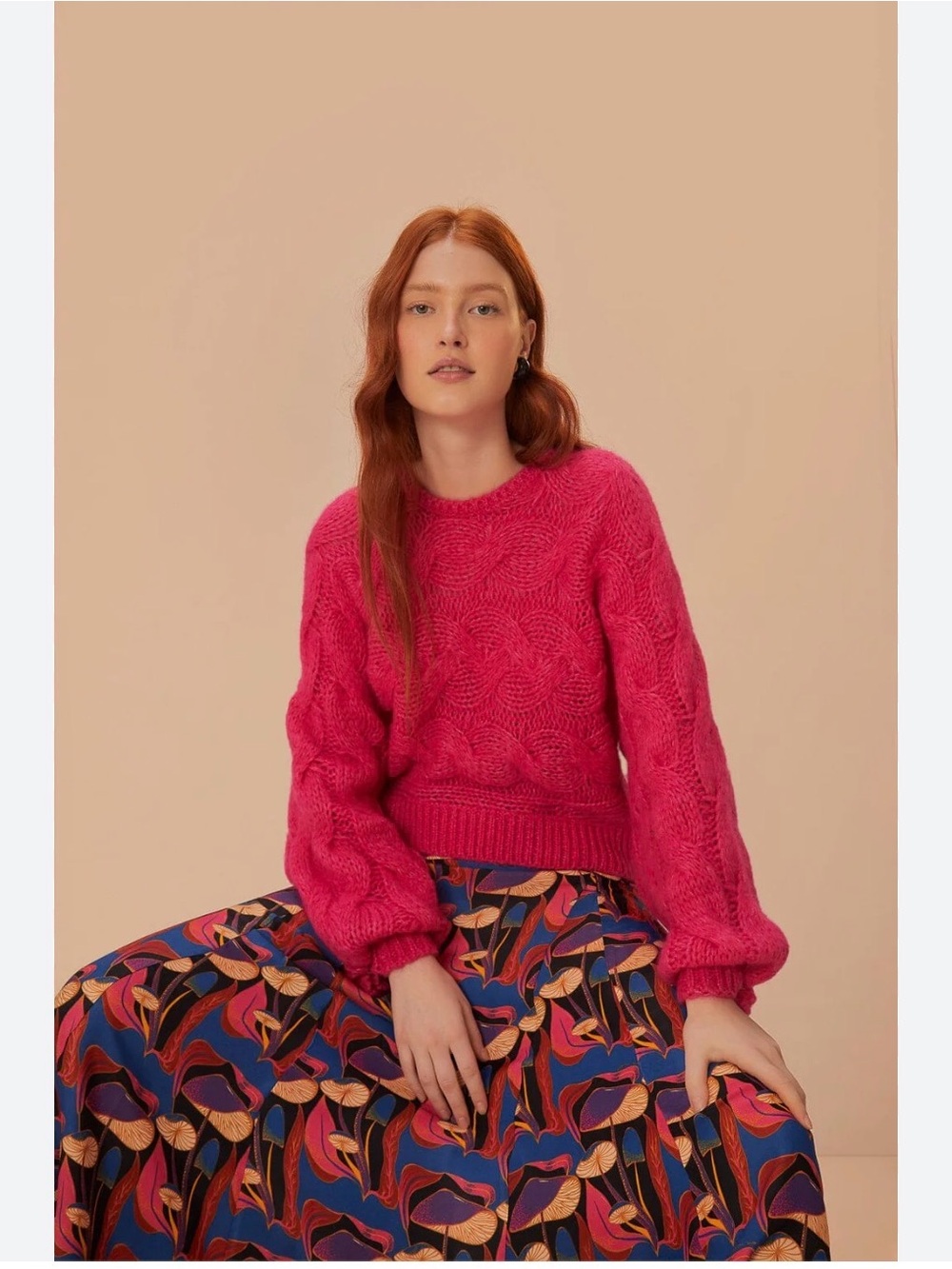 Farm Rio Pink Cable Knit Crewneck Sweater